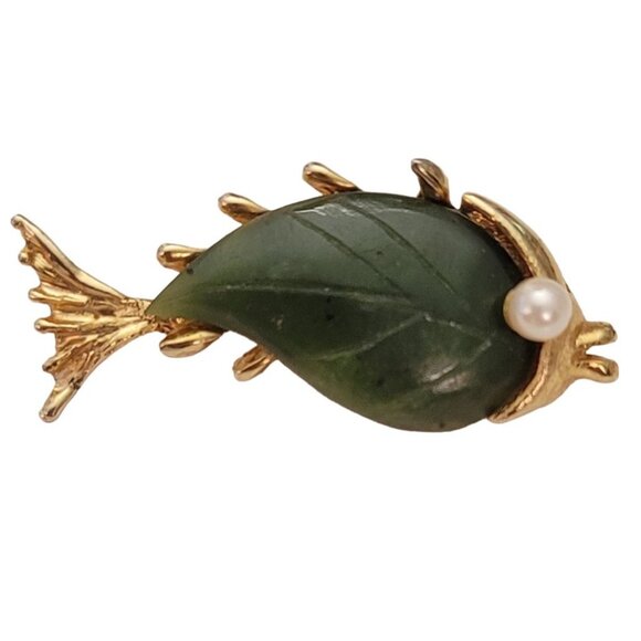 Gold Tone Carved Jade Genuine Pearl Fish Brooch Pin E800 - Picture 10 of 10